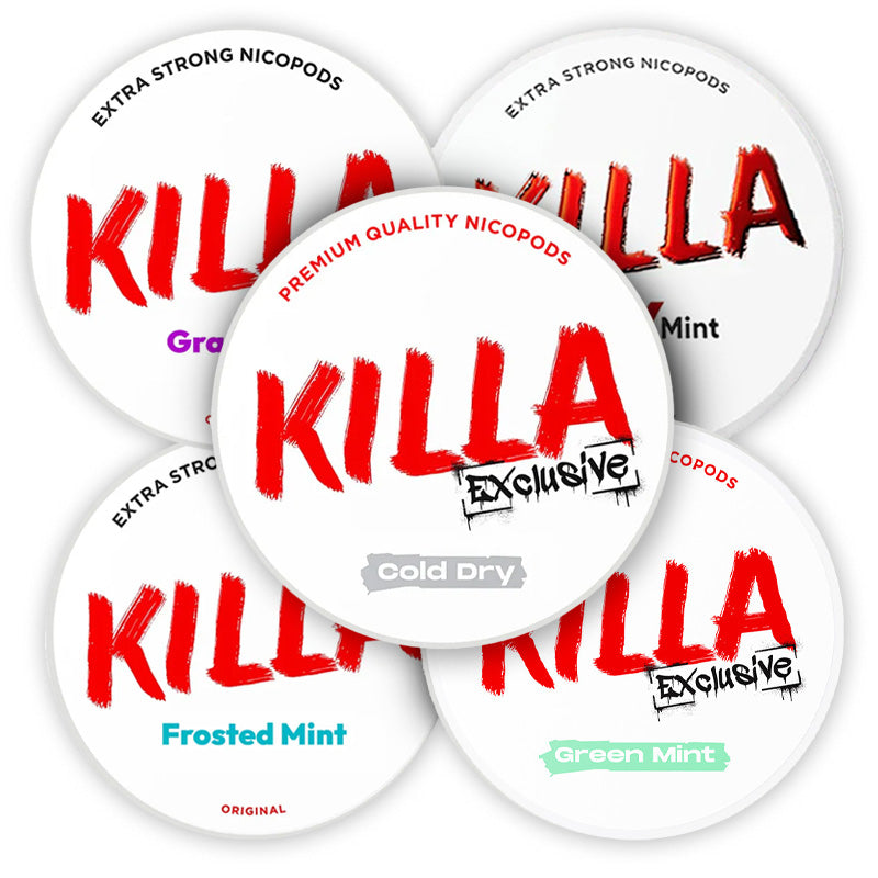Killa Tulua Exclusive Bundle (10-Pack) with Killa Cold Dry, Cold X Mint, Frosted Mint, Grape Ice, and Green Mint flavors.