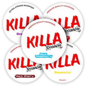 Killa Tulua Exclusive Bundle (5-Pack) featuring Blue Raspberry, Grape Ice, Tropical Punch, Dark Cherry, and Banana Ice flavors.