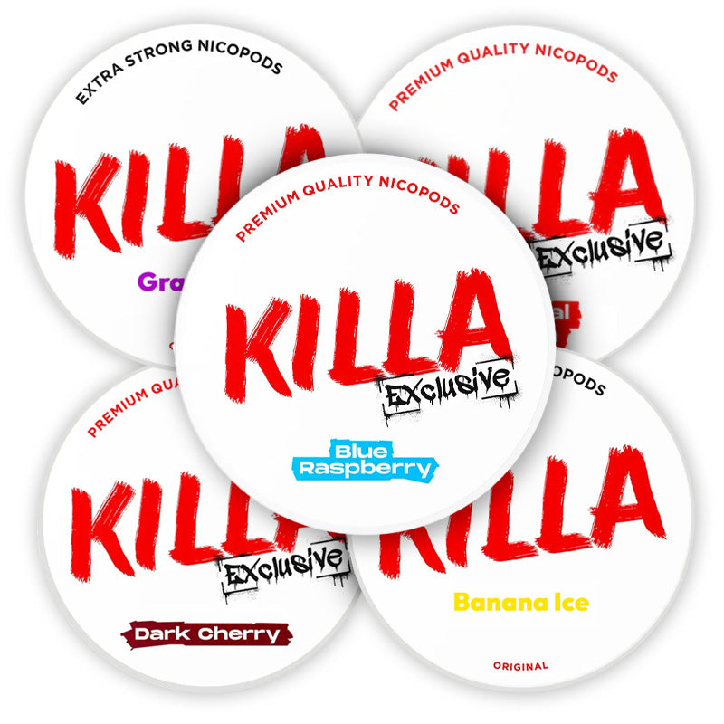Killa Tulua Exclusive Bundle (5-Pack) featuring Blue Raspberry, Grape Ice, Tropical Punch, Dark Cherry, and Banana Ice flavors.