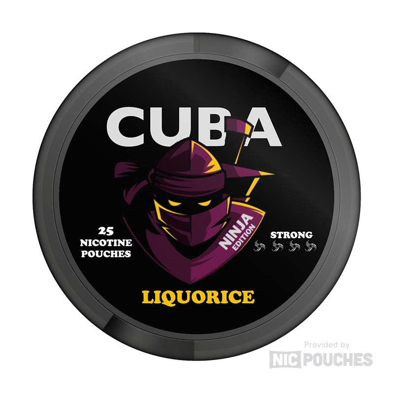 CUBA Liquorice Ninja Nicotine Pouches can with 25 strong flavour pouches, 30 mg/g nicotine strength, and anise aroma.