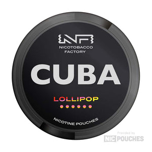 CUBA Lollipop nicotine pouches, sweet candy flavor, tobacco-free, 43mg strength, 20 slim portions per can.