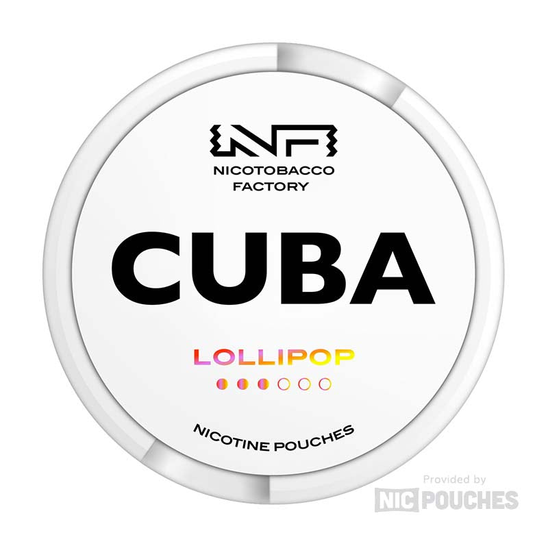 CUBA Lollipop nicotine pouches, sweet candy flavor, tobacco-free, 43mg strength, 20 slim portions per can.