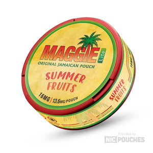 Maggie Original Jamaican Summer Fruits nicotine pouches with mixed berry flavor, 16mg strength, and 20 slim pouches per can.