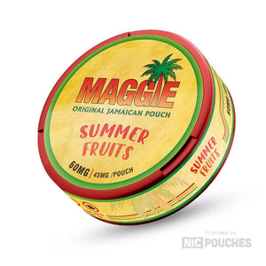 Maggie Original Jamaican Summer Fruits nicotine pouches with sweet plantain flavor, 16mg strength, slim, refreshing mixed berries.