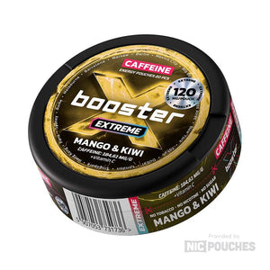 X-Booster Mango & Kiwi energy pouches with tropical mango and kiwi flavor, containing 120 mg of caffeine for a refreshing boost.
