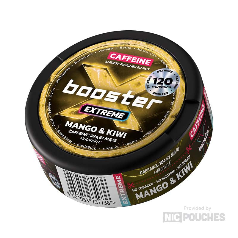 X-Booster Mango & Kiwi energy pouches with tropical mango and kiwi flavor, containing 120 mg of caffeine for a refreshing boost.