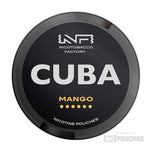 Cuba Mango nicotine pouches can, featuring exotic mango flavor and nicotine content, slim format, 20 portions, CUBA Mango product.