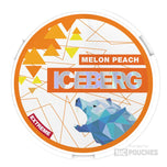 Iceberg Melon Peach nicotine pouches can with orange and blue label design.