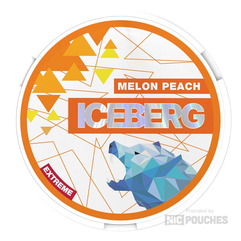 Iceberg Melon Peach nicotine pouches with melon and peach flavor, 20mg to 50mg strength, 20 pouches per can