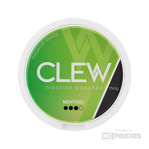 Clew Menthol nicotine pouches 15mg in green and black container, offering a cooling menthol experience with flexible strength options.