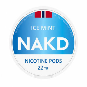 Nor NAKD Ice Mint nicotine pods featuring a 22mg strength in a biodegradable format.