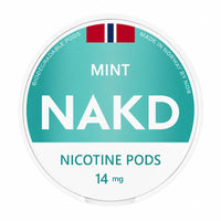 Nor NAKD Mint nicotine pods in biodegradable packaging, featuring mint flavor and 14mg strength.
