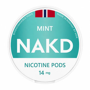 Nor NAKD Mint nicotine pods in biodegradable packaging, featuring mint flavor and 14mg strength.