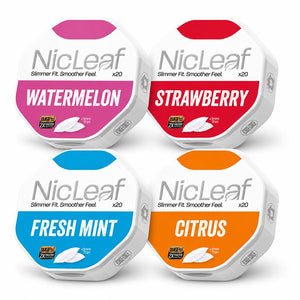 NicLeaf 7.5mg Variety Bundle (4-Pack) featuring Watermelon, Strawberry, Fresh Mint, and Citrus nicotine pouches.