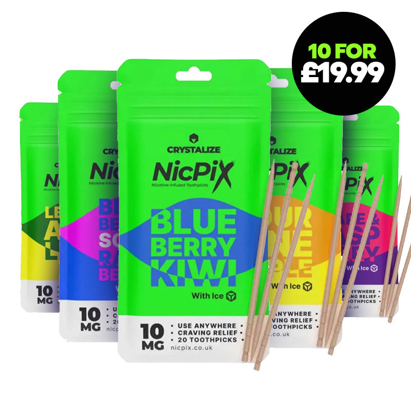 NicPix Fruit Fusion Toothpicks Bundle (10-Pack) with assorted flavors including Blueberry Kiwi and Grape Raspberry for £19.99