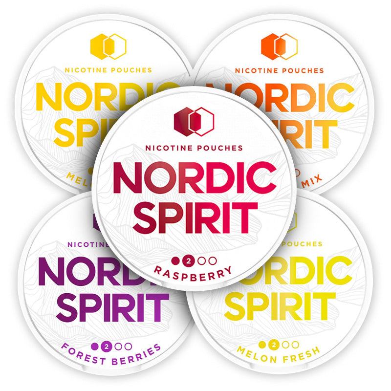 Nordic Spirit Flavour Fusion Bundle (10-Pack) featuring Raspberry, Melon Fresh, Tropical Mix, and Forest Berries flavors.