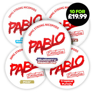 Pablo Flavour Fusion Bundle (10-Pack) featuring assorted flavors like Blueberry Peach Ice and Tropical Punch, priced at £19.99.