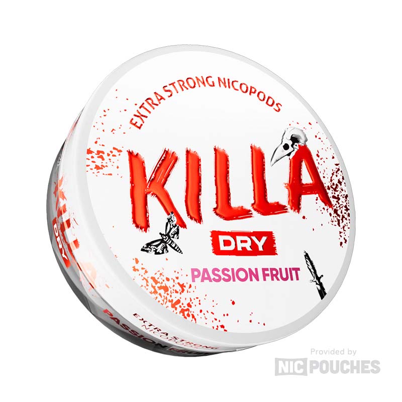 Killa Dry Passion Fruit nicotine pouches can, featuring extra strong nicopods, 20 pouches per can, 16mg/g strength.