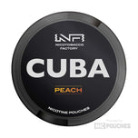 CUBA Peach nicotine pouches can, offering sweet flavored nicpods, 20 pouches per can, with 16mg and 66mg strengths.