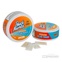 Pouch Nurdz Peach Blue Razz with nicotine, offering juicy peach and tangy blue raspberry flavors for a refreshing experience.