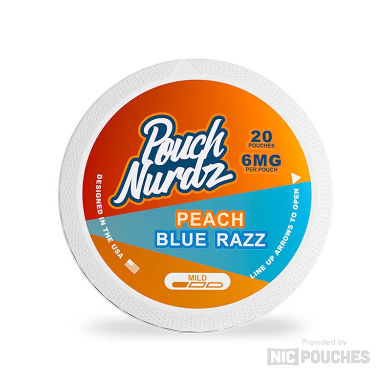 Pouch Nurdz Peach Blue Razz nicotine pouches in orange and blue packaging, featuring 20 pouches with 6mg nicotine per pouch.
