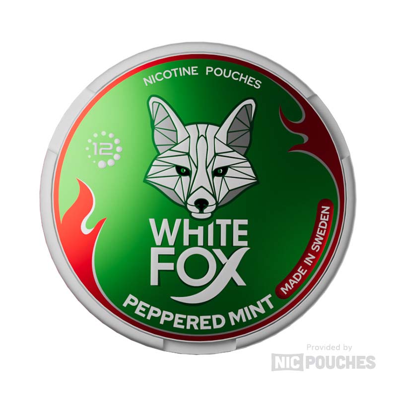 White Fox Peppered Mint product packaging, featuring a fox graphic on green background, promoting 16mg nicotine peppermint experience.