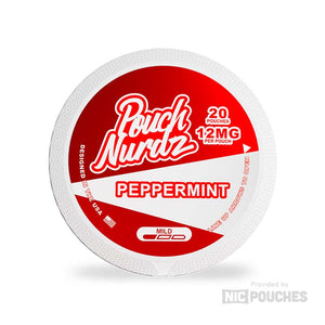 Pouch Nurdz Peppermint nicotine pouches in a red and white container, featuring 6mg nicotine strength for a fresh menthol experience.