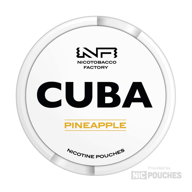 CUBA Pineapple nicotine pouches, sweet and tangy flavor, 16mg and 66mg strengths for satisfying nicotine cravings.