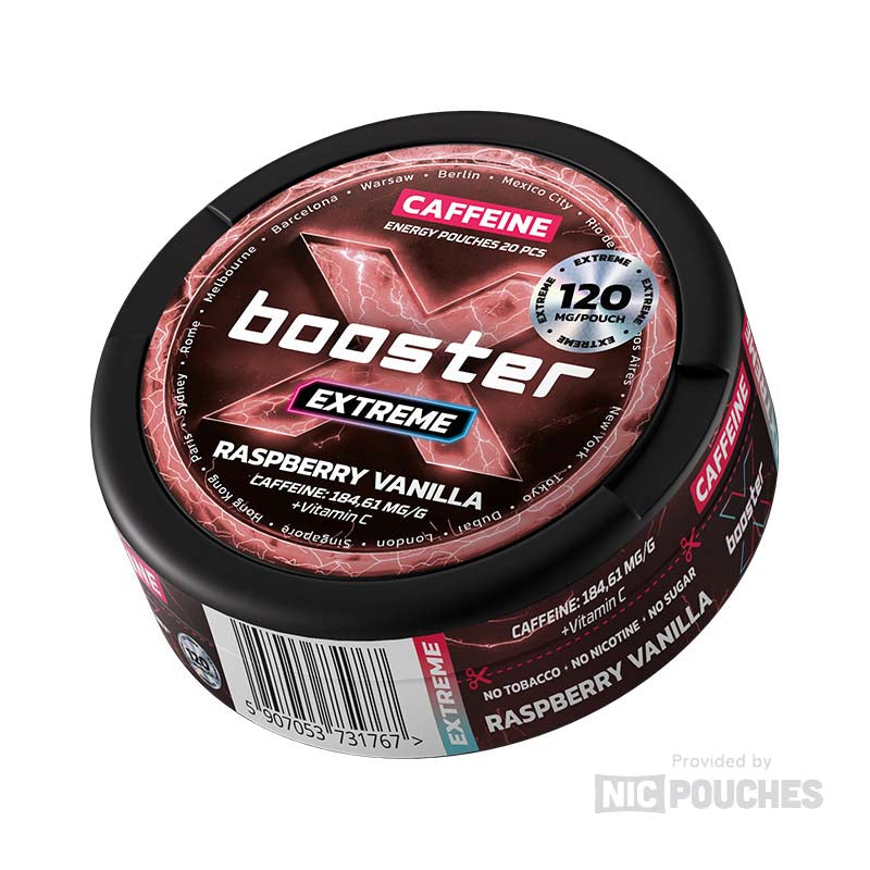 X-Booster Raspberry & Vanilla energy pouch with raspberry and vanilla flavor, featuring 120 mg caffeine for a balanced sweet and tart experience.