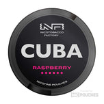 CUBA Raspberry nicotine pouches can with tangy-sweet raspberry flavor, 20 portions, slim format, 16mg/g and 66mg/g strength options