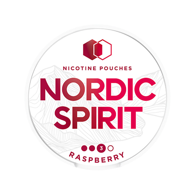 Nordic Spirit Raspberry nicotine pouch with tangy raspberry flavor, available in 6mg and 9mg strengths, vibrant design.