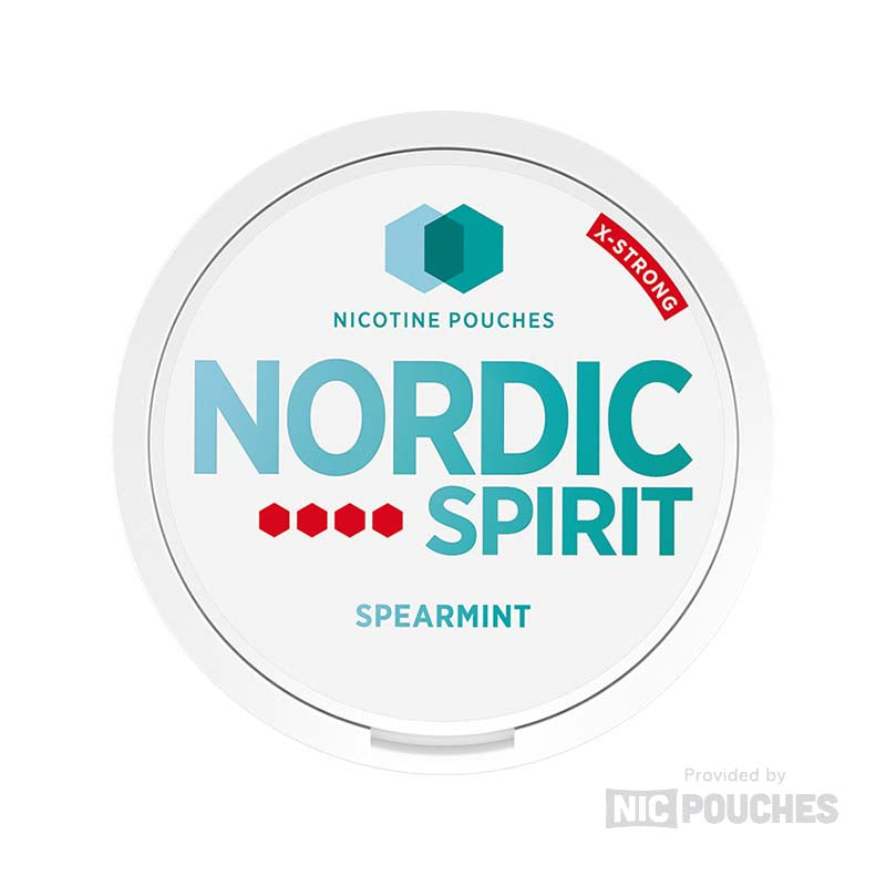 Nordic Spirit Spearmint nicotine pouches featuring a sleek design, offering a refreshing mint flavor with herbal hints.
