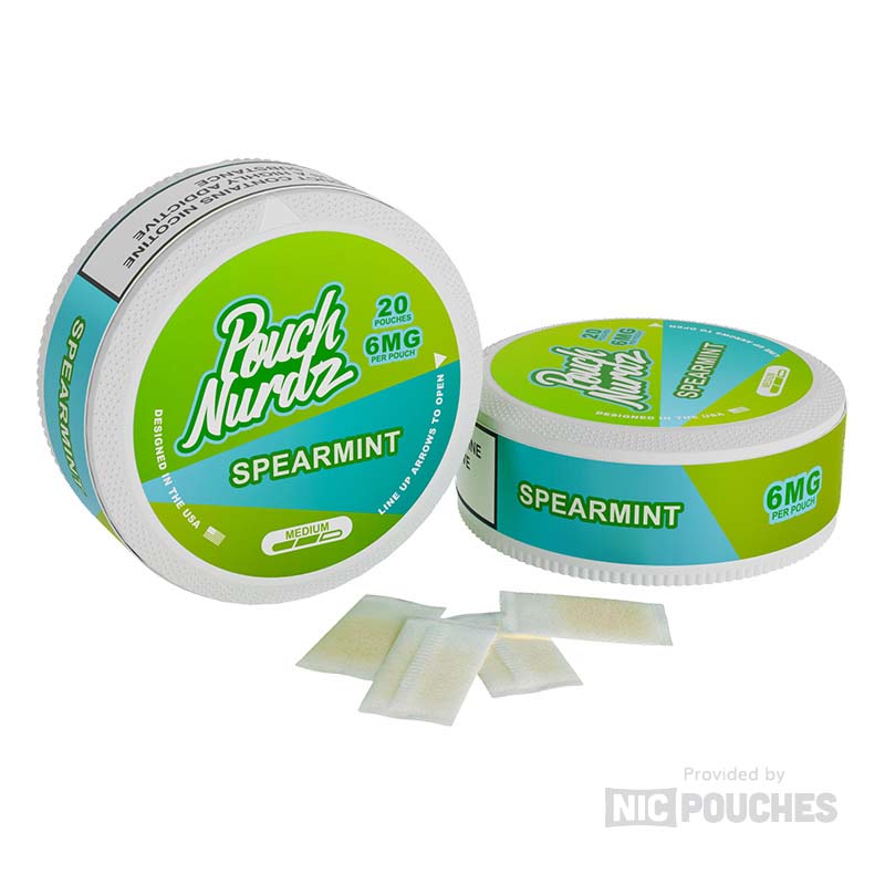Pouch Nurdz Spearmint product with 6mg nicotine pouches for a refreshing mint experience.