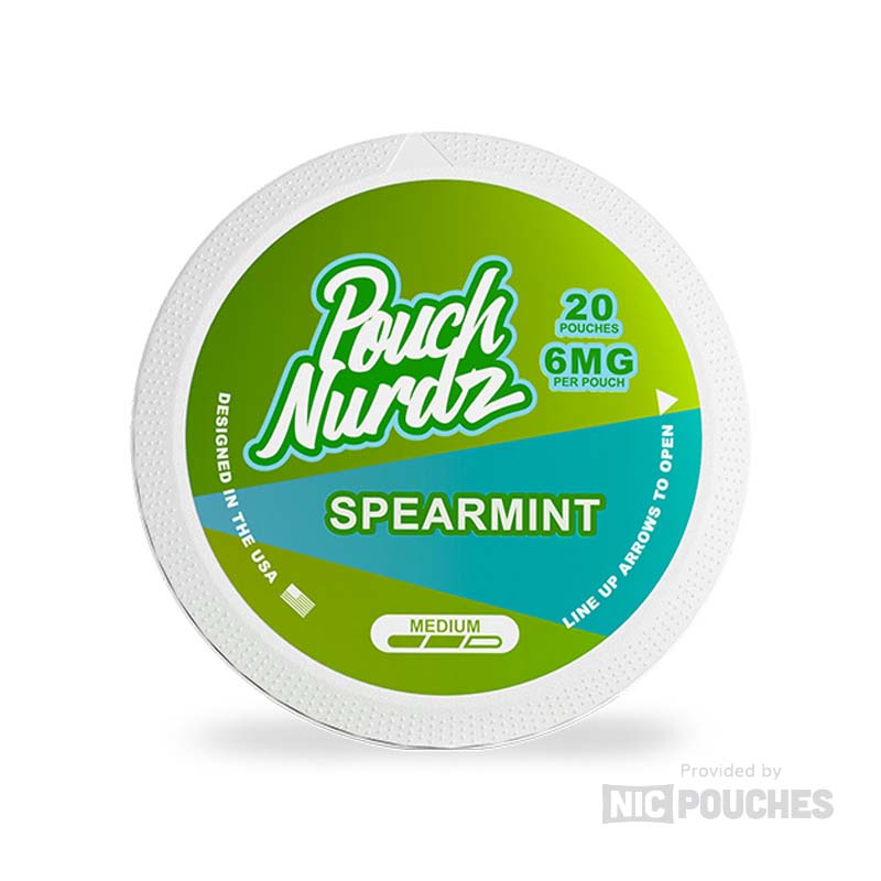 Pouch Nurdz Spearmint nicotine pouches, 6mg strength, featuring a refreshing mint flavor with a cool aftertaste in a 0.6g size.