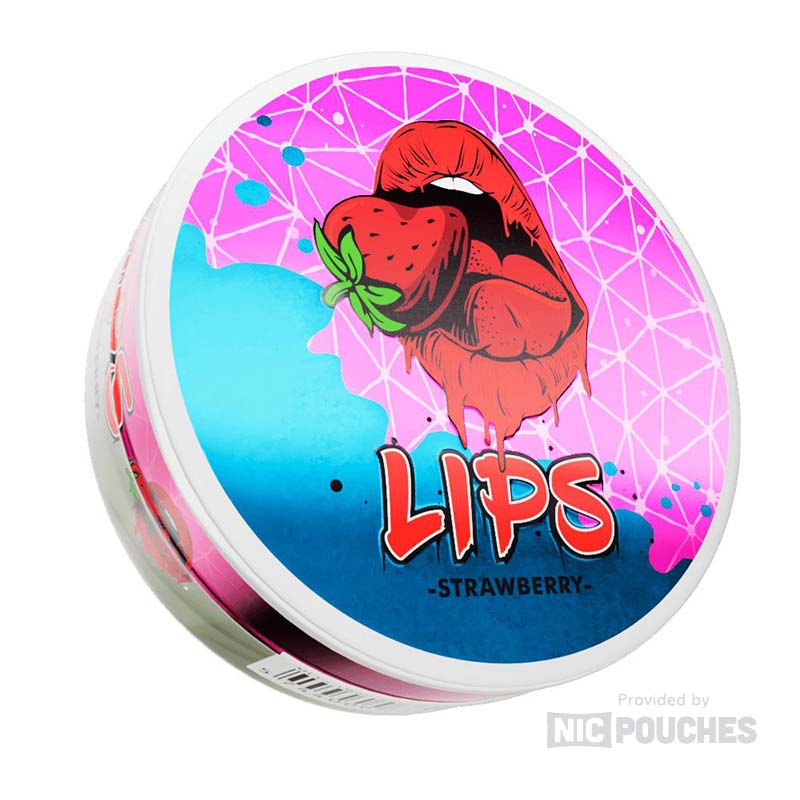 LIPS Strawberry nicotine pouches, 16mg, strawberry candy flavor, slim 20 pouches, colorful packaging with lip and strawberry graphics.