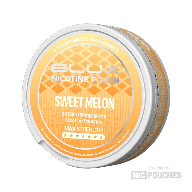 Elux Sweet Melon nicotine pouches in orange packaging, offering juicy melon flavor with 50mg strength and 20 slim portions per can.