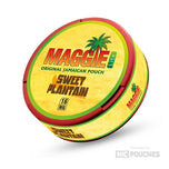 Maggie Original Jamaican Sweet Plantain nicotine pouch with sweet banana flavor, 16mg strength, featuring tropical palm design.