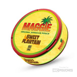 Maggie Original Jamaican Sweet Plantain nicotine pouches featuring sweet plantain flavor in a yellow can, 60mg/g strength.