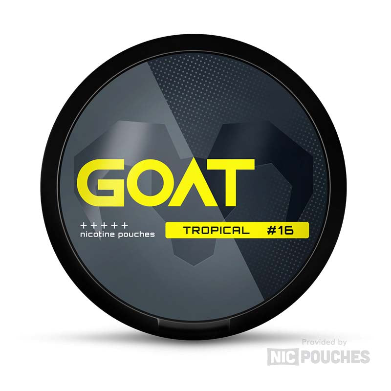 GOAT Tropical crystal ice nicotine pouches, combining orange and pineapple flavors, 16mg strength, 20 slim portions per can.