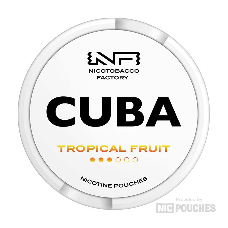 CUBA Tropical Fruit Nicotine Pouches can featuring exotic pineapple, mango, and passionfruit flavors for a smooth nicotine hit.