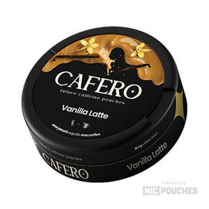 Cafero Vanilla Latte pouch with creamy vanilla and coffee notes, offering 80 mg caffeine for a delightful energy boost.