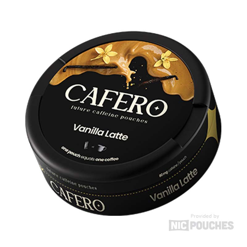 Cafero Vanilla Latte pouch with creamy vanilla and coffee notes, offering 80 mg caffeine for a delightful energy boost.