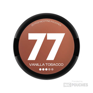 77 Vanilla Tobacco nicotine pouches image, 20 pouches per pack with 10.4mg strength, focus on rich vanilla and tobacco blend.
