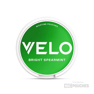 VELO Bright Spearmint nicotine pouches in green packaging, offering a refreshing peppermint flavor and discreet nicotine fix.