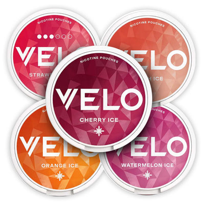 VELO Icy Fruits Mix Bundle (10-Pack) showcasing Cherry, Orange, Strawberry, Watermelon, and Peach Ice flavors.