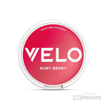 VELO Ruby Berry Nicotine Pouch container with red and white packaging, featuring the fruity and vibrant berry flavor.