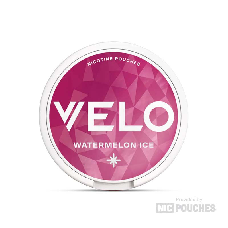 VELO Watermelon Ice nicotine pouches with refreshing watermelon flavor in a round, pink container, tobacco-free product.
