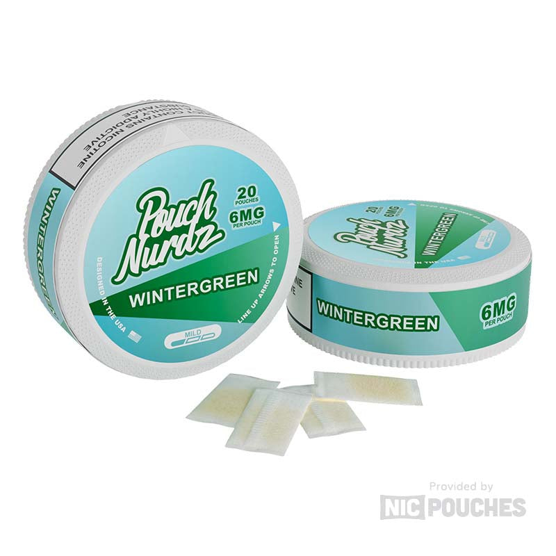 Pouch Nurdz Wintergreen pouches offering 6mg nicotine with refreshing minty taste and earthy undertones for a cool, fresh sensation.