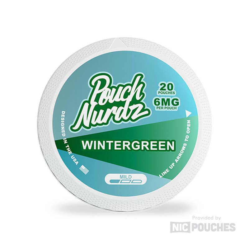 Pouch Nurdz Wintergreen nicotine pouches with minty sweetness and earthy undertones, 6mg per pouch, refreshing taste.