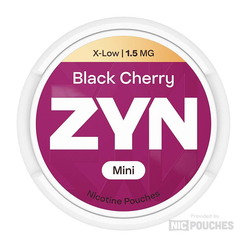 ZYN Black Cherry Mini nicotine pouches with sweet cherry flavor, ideal for discrete and pocket-friendly enjoyment.